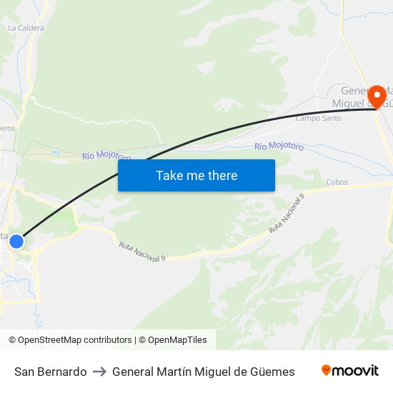 San Bernardo to General Martín Miguel de Güemes map
