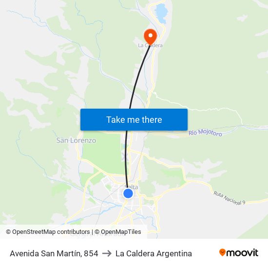 Avenida San Martín, 854 to La Caldera Argentina map