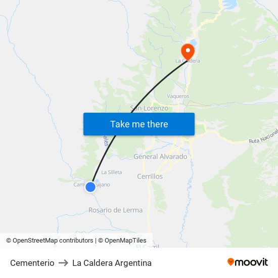 Cementerio to La Caldera Argentina map