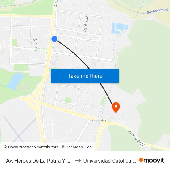 Av. Héroes De La Patria Y Candelaria to Universidad Católica De Salta map