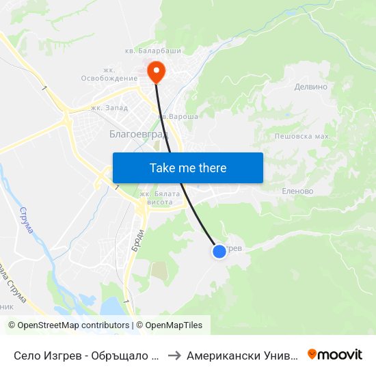 Село Изгрев - Обръщало / Izgrev Village - Turn Stop to Американски Университет В България map