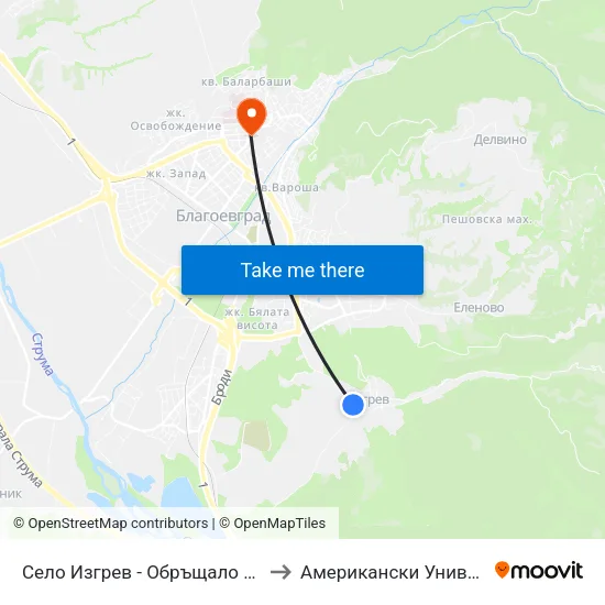 Село Изгрев - Обръщало / Izgrev Village - Turn Stop to Американски Университет В България map