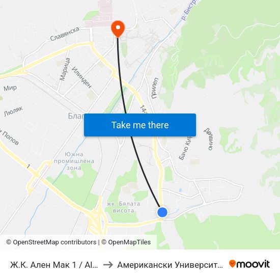 Ж.К. Ален Мак 1 / Alen Mak Qr. 1 to Американски Университет В България map