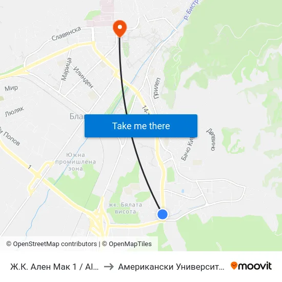 Ж.К. Ален Мак 1 / Alen Mak Qr. 1 to Американски Университет В България map