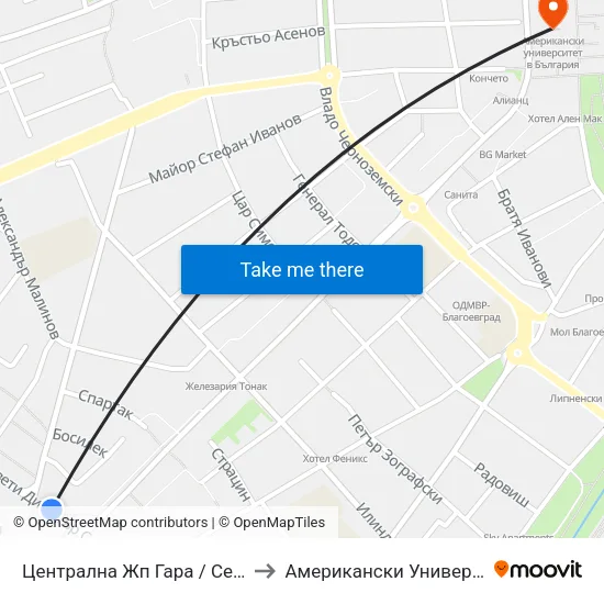 Централна Жп Гара / Central Railway Station to Американски Университет В България map