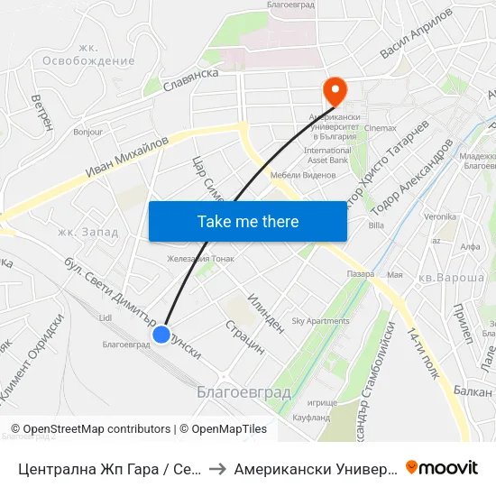 Централна Жп Гара / Central Railway Station to Американски Университет В България map