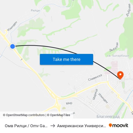 Омв Рилци / Omv Gas Station Riltsi to Американски Университет В България map