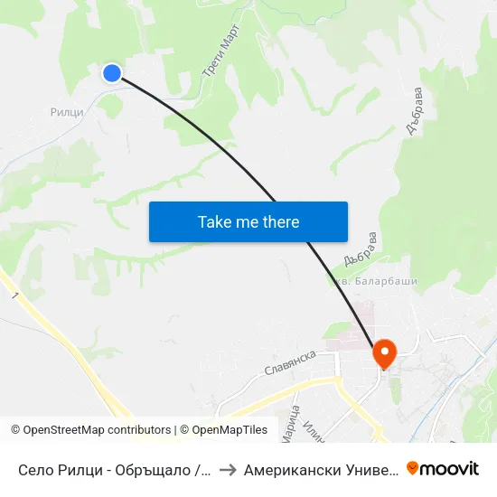Село Рилци - Обръщало / Riltsi Village - Turn Stop to Американски Университет В България map