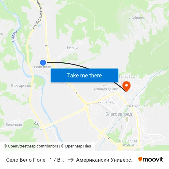 Село Бело Поле - 1 / Belo Pole Village 1 to Американски Университет В България map