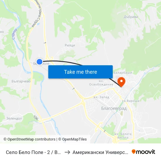 Село Бело Поле - 2 / Belo Pole Village 2 to Американски Университет В България map