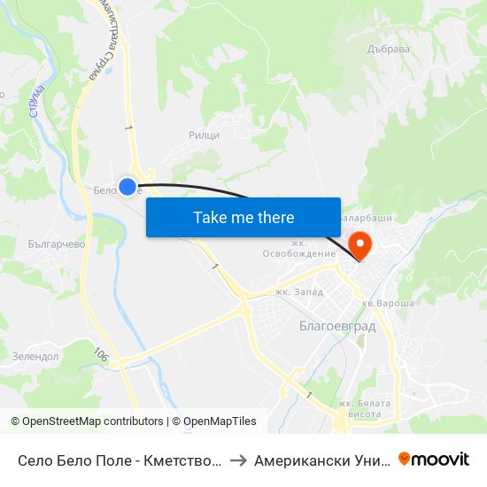 Село Бело Поле - Кметство / Belo Pole Village - Municipality to Американски Университет В България map