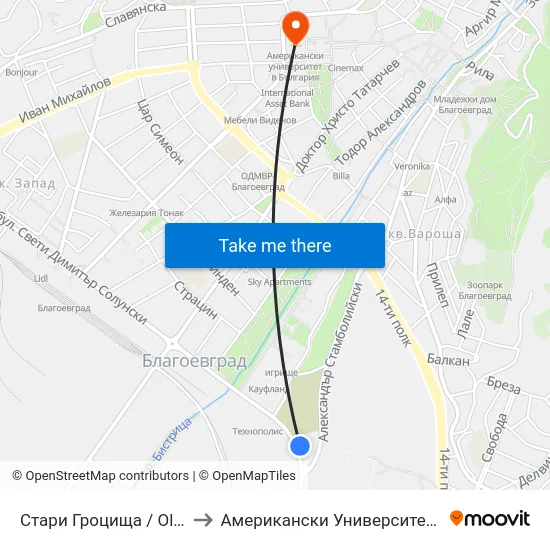 Стари Гроцища / Old Cemetry to Американски Университет В България map