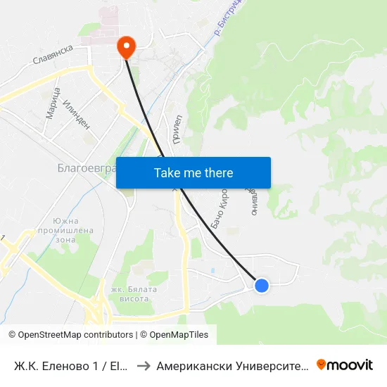 Ж.К. Еленово 1 / Elenovo Qr. 1 to Американски Университет В България map