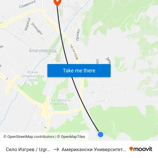 Село Изгрев / Izgrev Village to Американски Университет В България map
