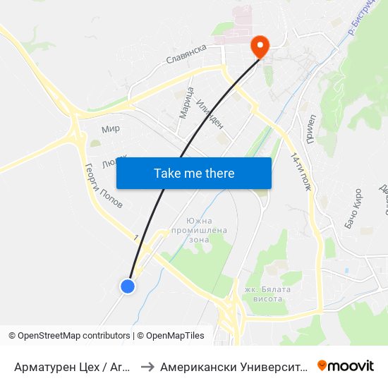 Арматурен Цех / Armature Shop to Американски Университет В България map