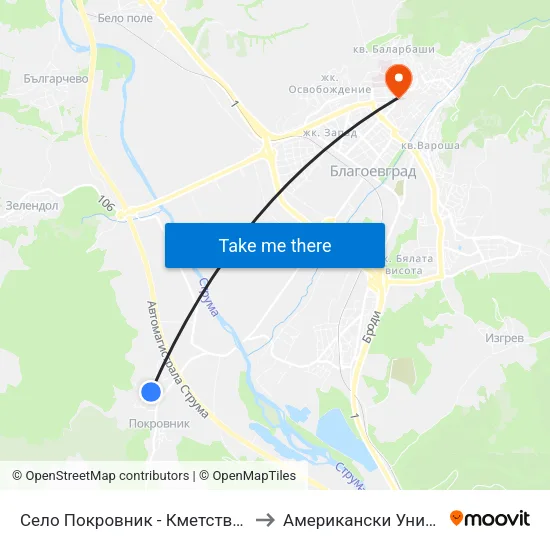 Село Покровник - Кметство / Pokrovnik Village - City Hall to Американски Университет В България map