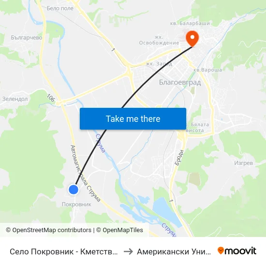 Село Покровник - Кметство / Pokrovnik Village - City Hall to Американски Университет В България map