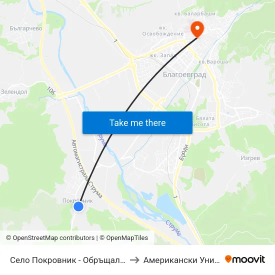 Село Покровник - Обръщало / Pokrovnik Village - Turn Stop to Американски Университет В България map
