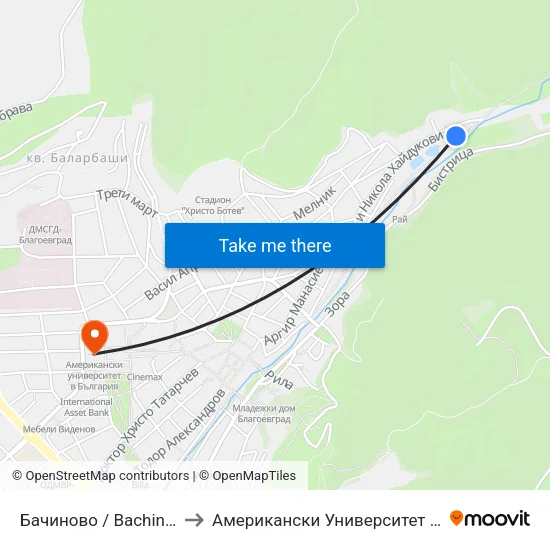 Бачиново / Bachinovo Park to Американски Университет В България map