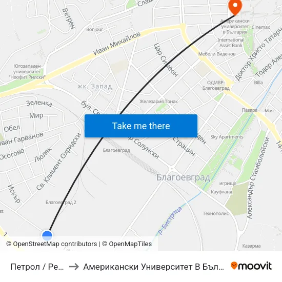 Петрол / Petrol to Американски Университет В България map
