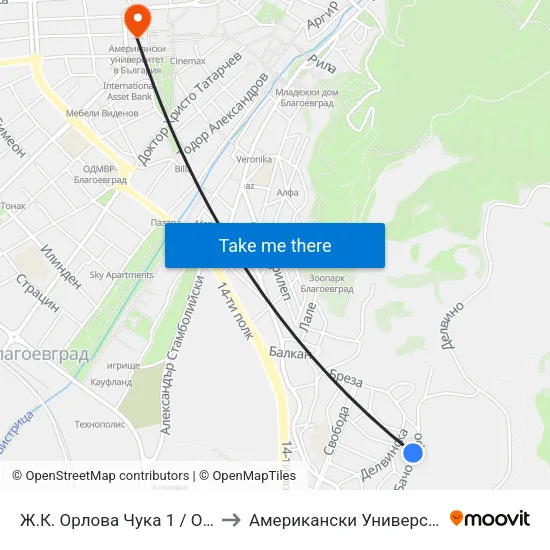 Ж.К. Орлова Чука 1 / Orlova Chuka Qr. 1 to Американски Университет В България map