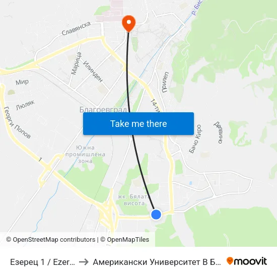 Езерец 1 / Ezerets 1 to Американски Университет В България map
