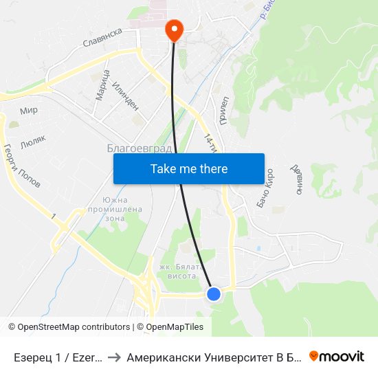Езерец 1 / Ezerets 1 to Американски Университет В България map
