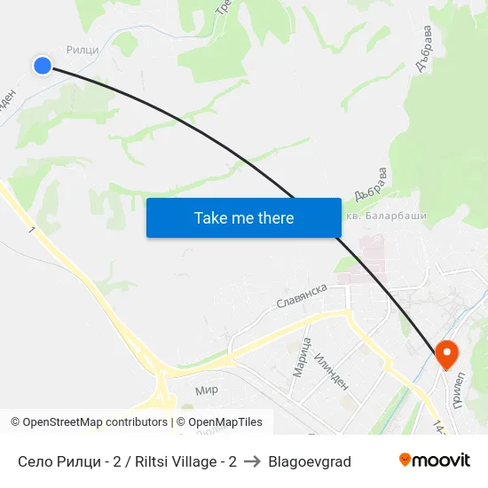 Село Рилци - 2 / Riltsi Village - 2 to Blagoevgrad map