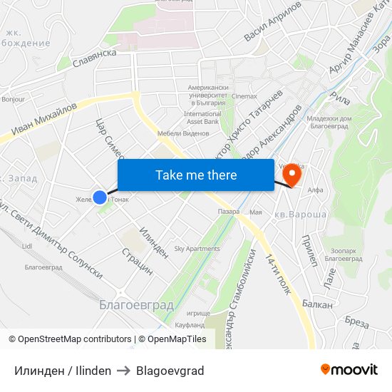 Илинден / Ilinden to Blagoevgrad map