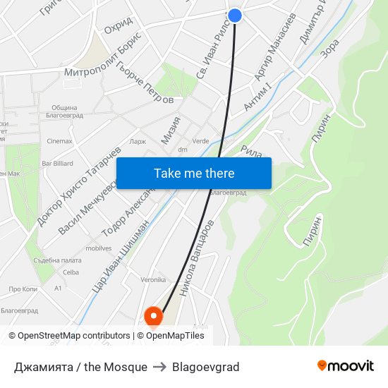 Джамията / the Mosque to Blagoevgrad map