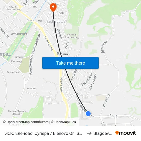 Ж.К. Еленово, Супера / Elenovo Qr., Supermarket to Blagoevgrad map