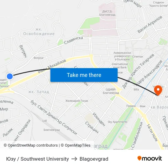 Southwest University to Blagoevgrad map