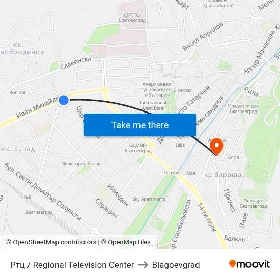 Regional Television Center to Blagoevgrad map