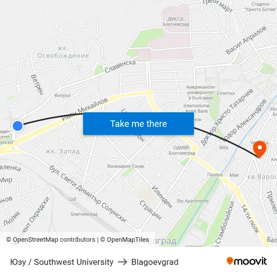 Southwest University to Blagoevgrad map