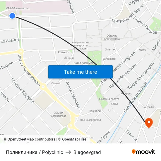 Поликлиника / Polyclinic to Blagoevgrad map