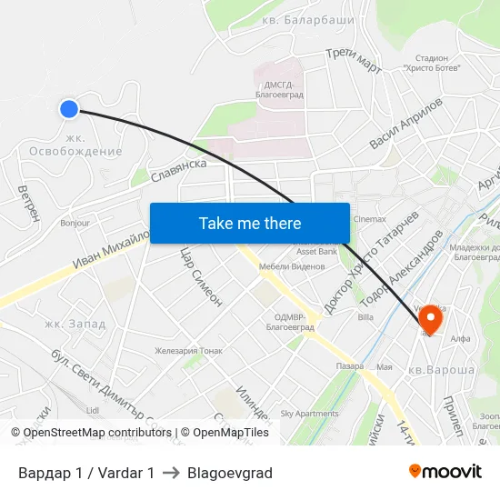 Vardar 1 to Blagoevgrad map