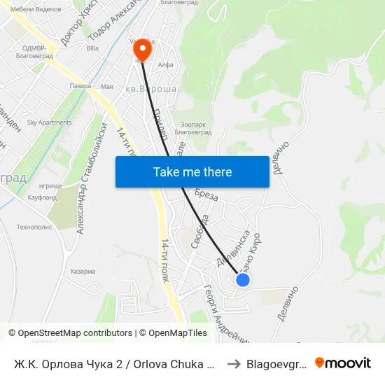 Orlova Chuka Quarter 2 to Blagoevgrad map