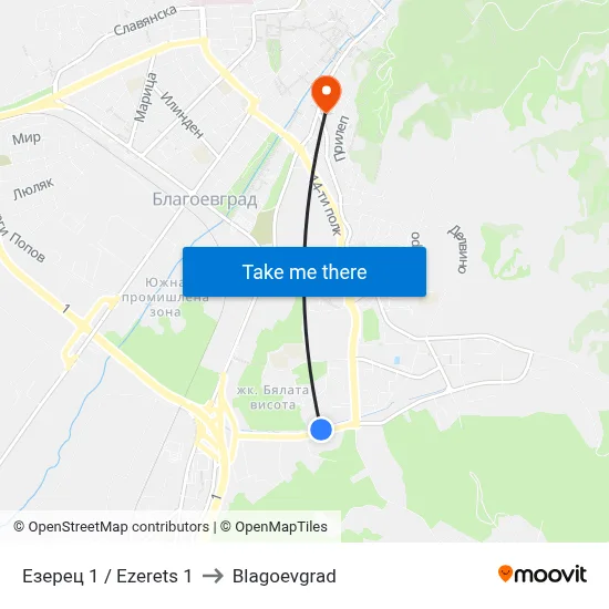 Ezerets 1 to Blagoevgrad map