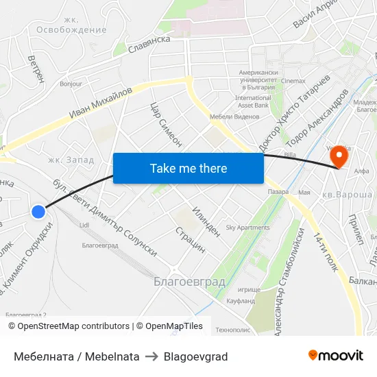 Mebelnata to Blagoevgrad map