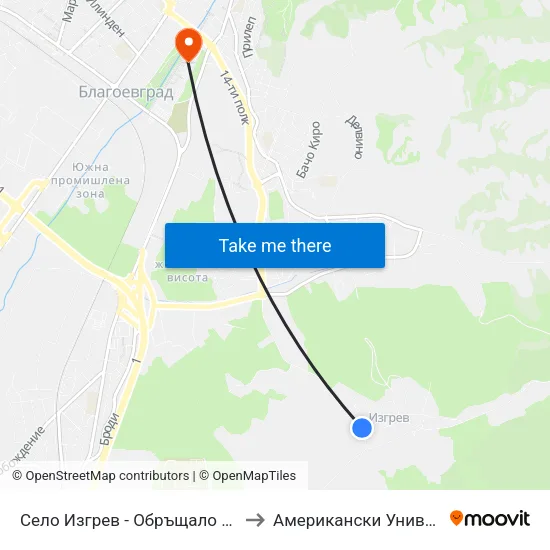 Село Изгрев - Обръщало / Izgrev Village - Turn Stop to Американски Университет В България map