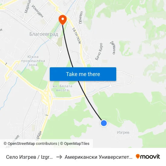 Село Изгрев / Izgrev Village to Американски Университет В България map