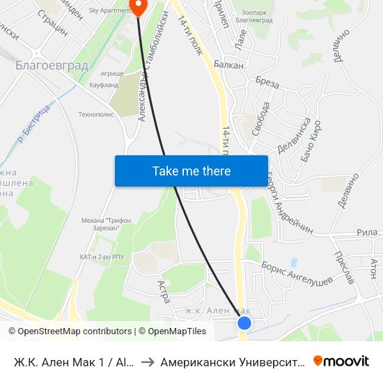 Ж.К. Ален Мак 1 / Alen Mak Qr. 1 to Американски Университет В България map
