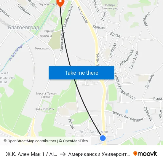Ж.К. Ален Мак 1 / Alen Mak Qr. 1 to Американски Университет В България map
