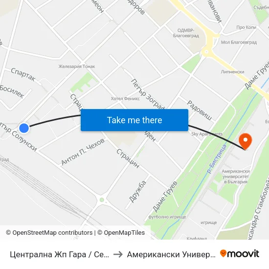 Централна Жп Гара / Central Railway Station to Американски Университет В България map