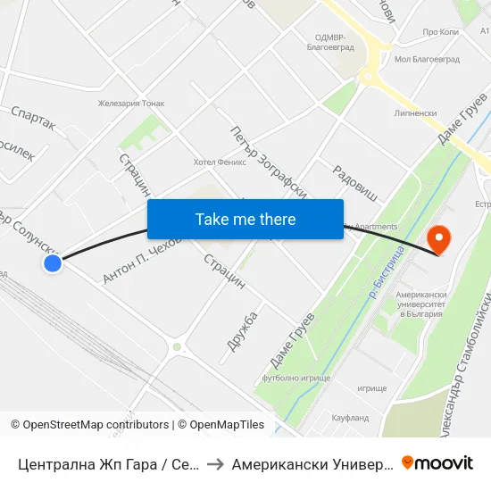 Централна Жп Гара / Central Railway Station to Американски Университет В България map