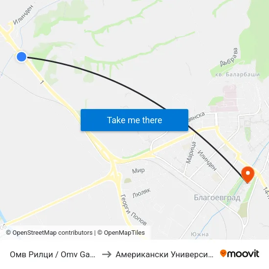 Омв Рилци / Omv Gas Station Riltsi to Американски Университет В България map