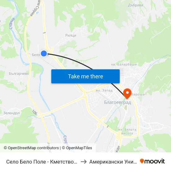 Село Бело Поле - Кметство / Belo Pole Village - Municipality to Американски Университет В България map