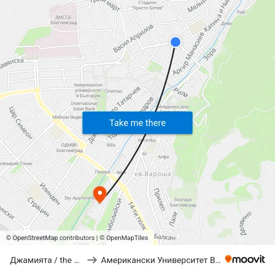 Джамията / the Mosque to Американски Университет В България map