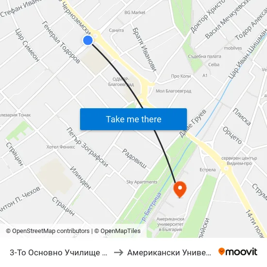 3-То Основно Училище / Third Primary School to Американски Университет В България map