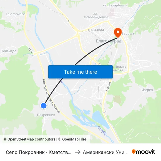 Село Покровник - Кметство / Pokrovnik Village - City Hall to Американски Университет В България map